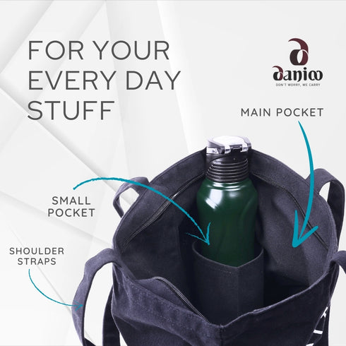 Large Cotton Canvas Tote Bags for Women and Girls with Bottle Holder Black College Tote Bags with Zipper & Inner Pocket Travel Beach Shopping Work Office Daily use Handbags (Korean Black)