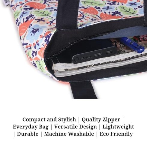 DANIOO Canvas Reusable Tote Bag With Zipper For Women and College Girls Multipurpose Washable Everyday Use/Shopping/Carry Bag Size- 14" length* 11" width (Inches) Pack Of 1 (Multi_1)