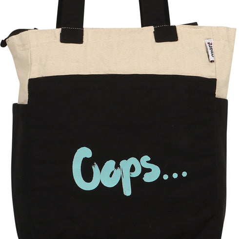 DANIOO Small Cotton Canvas Tote Bags for Girls, Multiple Pockets, Zipper Closure, Multipurpose College, Travel Everyday Use for Women (Oops B/W)