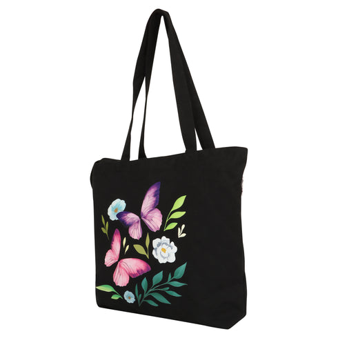 Large Cotton Canvas Tote Bags for Women and Girls with Bottle Holder Black College Tote Bags with Zipper & Inner Pocket Travel Beach Shopping Work Office Daily use Handbags (Floral Butterfly)