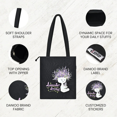 Canvas Tote Bags For Women and Girls with Zipper and Inner Pocket | College Tote Bag For Women - DANIOO