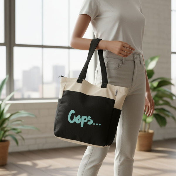 DANIOO Small Cotton Canvas Tote Bags for Girls, Multiple Pockets, Zipper Closure, Multipurpose College, Travel Everyday Use for Women (Oops B/W) - DANIOO