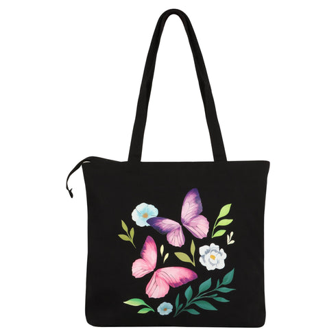 Floral Butterfly Canvas Tote Bag with Bottle Holder & Zipper - Perfect for Daily Use - DANIOO