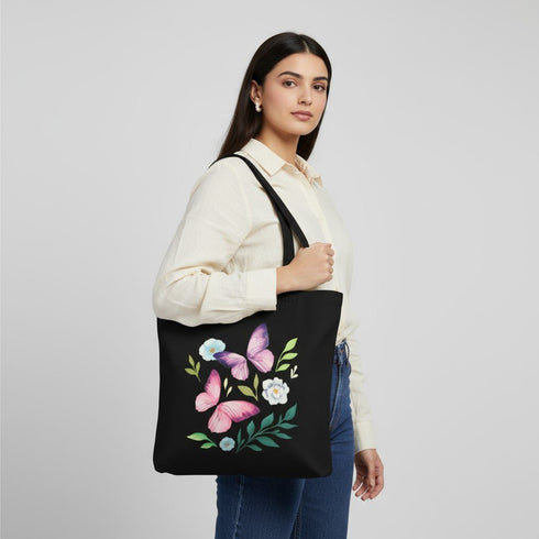 Floral Butterfly Canvas Tote Bag with Bottle Holder & Zipper - Perfect for Daily Use - DANIOO
