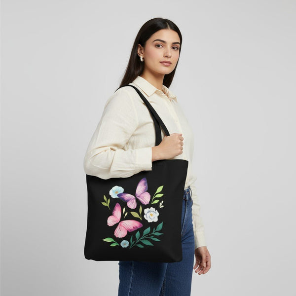 Floral Butterfly Canvas Tote Bag with Bottle Holder & Zipper - Perfect for Daily Use - DANIOO