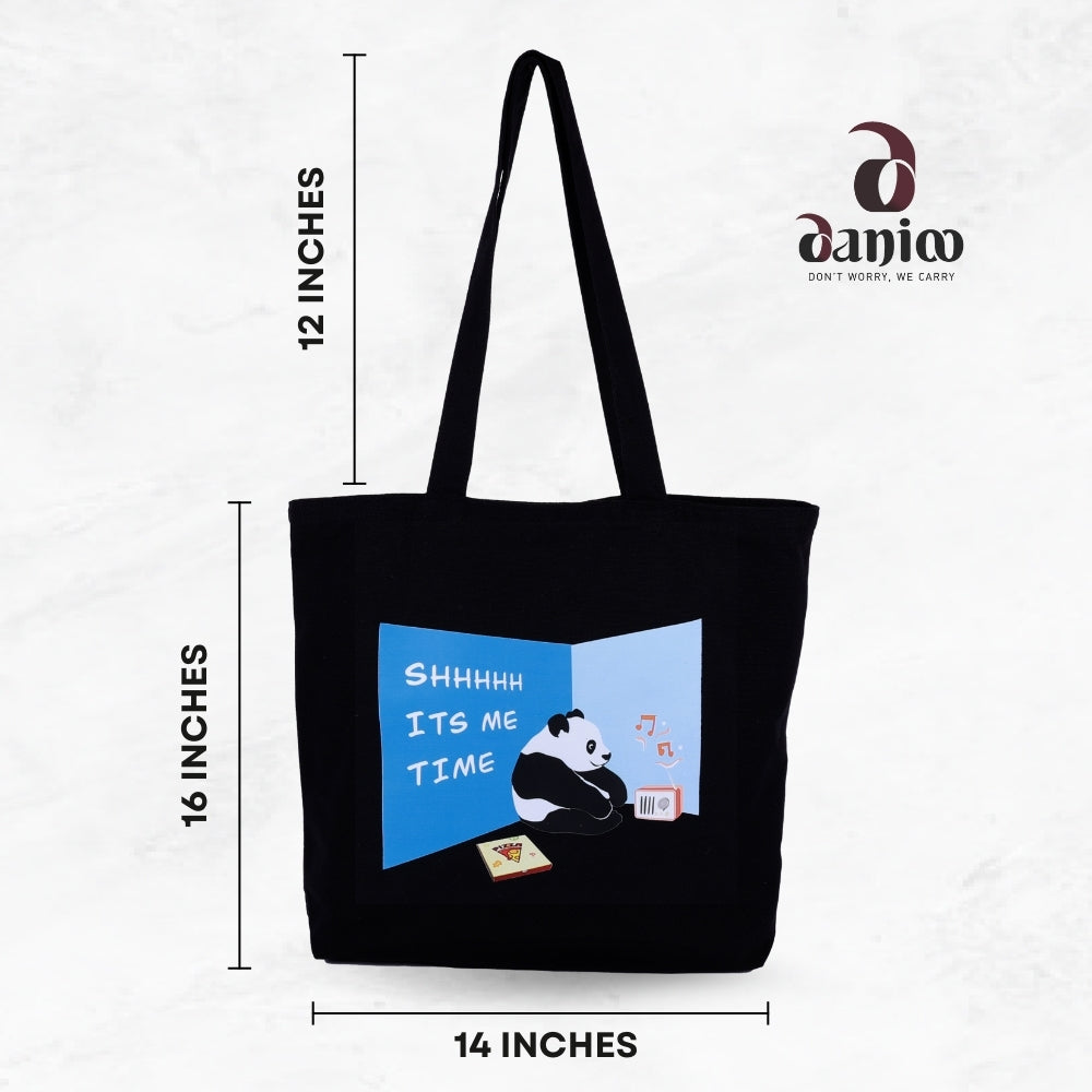 DANIOO Large Cotton Canvas Tote Bags for Women and Girls with Bottle Holder Multipurpose Black College Tote Bag with Inner Pocket Travel Beach Shopping Work Office Daily use Handbag (Introvert Panda)