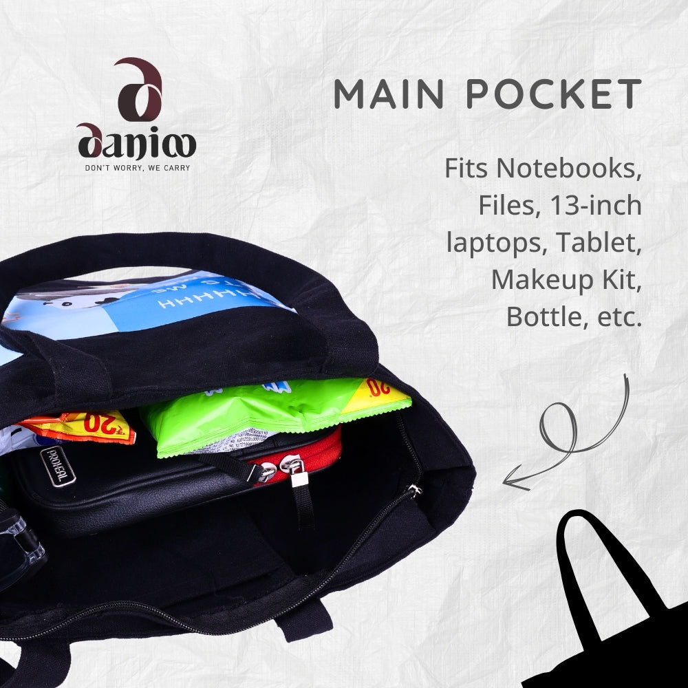 DANIOO Large Cotton Canvas Tote Bags for Women and Girls with Bottle Holder Multipurpose Black College Tote Bag with Inner Pocket Travel Beach Shopping Work Office Daily use Handbag (Introvert Panda)